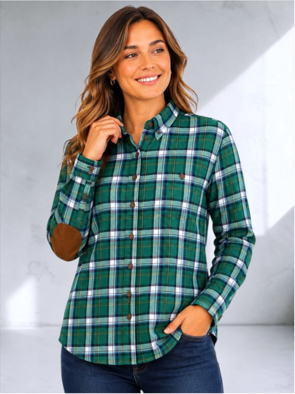 Dalia Collection Green Plaid Button-Down with Elbow Patches – Size M